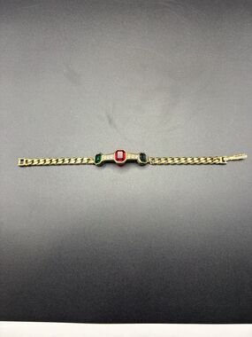 D’Orlan Gold Tone Bracelet Red Green Stone Rhinestone Link Vintage 7in